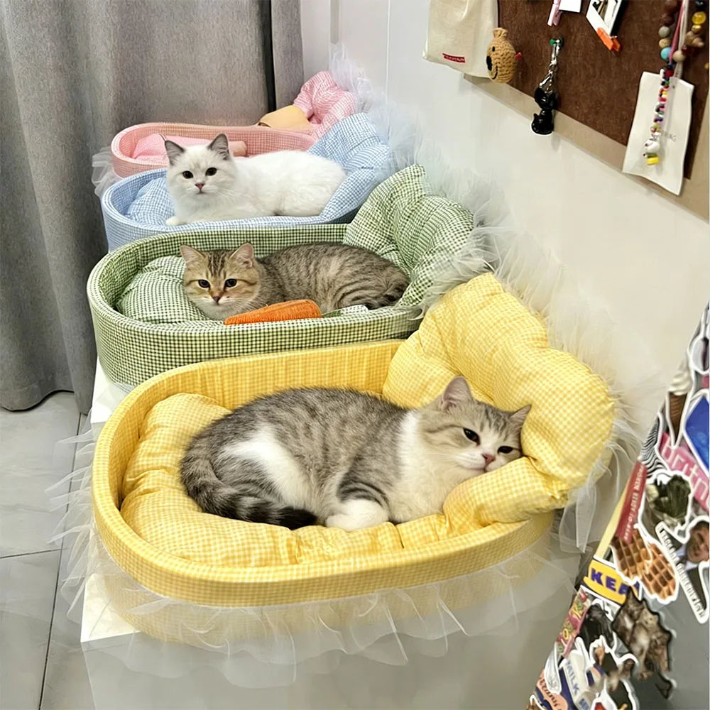 Panier Sofa Ovale Pour Chat En Peluche Douce Avec Dentelle