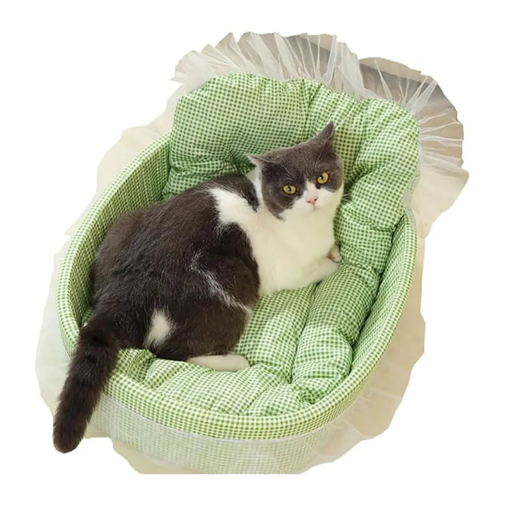 vert Couleur Panier Sofa Ovale Pour Chat En Peluche Douce Avec Dentelle