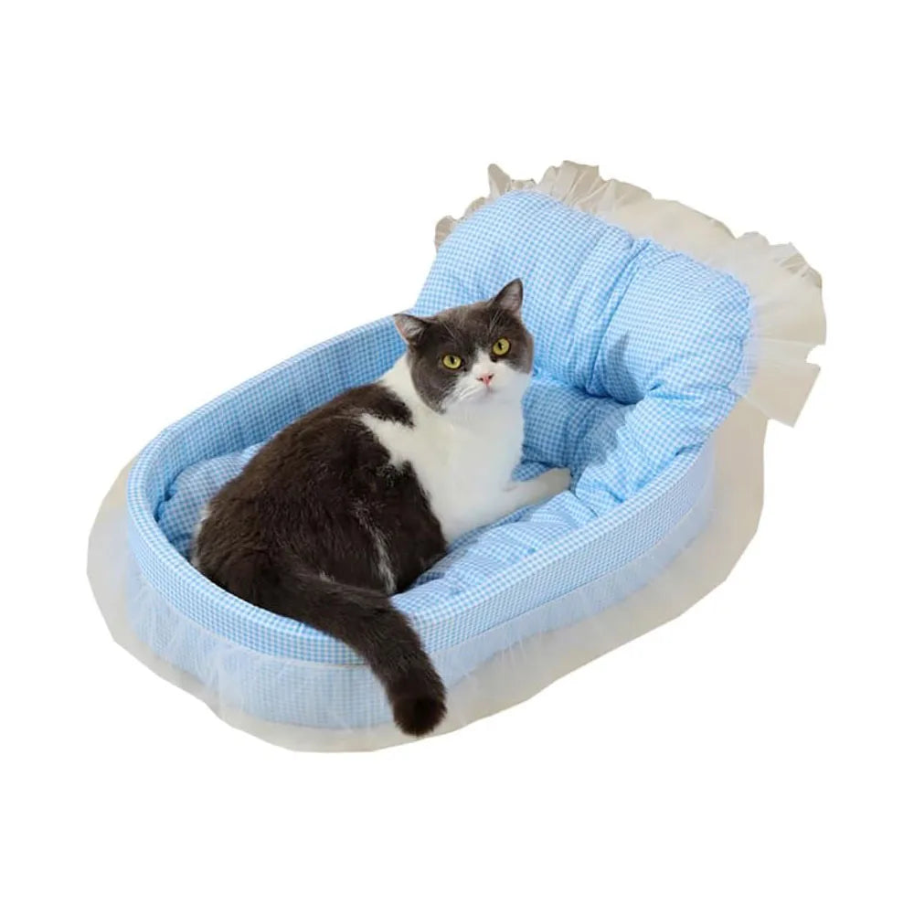 bleu Couleur Panier Sofa Ovale Pour Chat En Peluche Douce Avec Dentelle