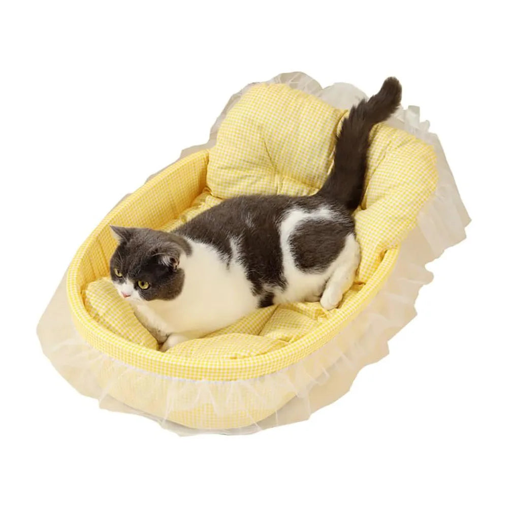 jaune Couleur Panier Sofa Ovale Pour Chat En Peluche Douce Avec Dentelle
