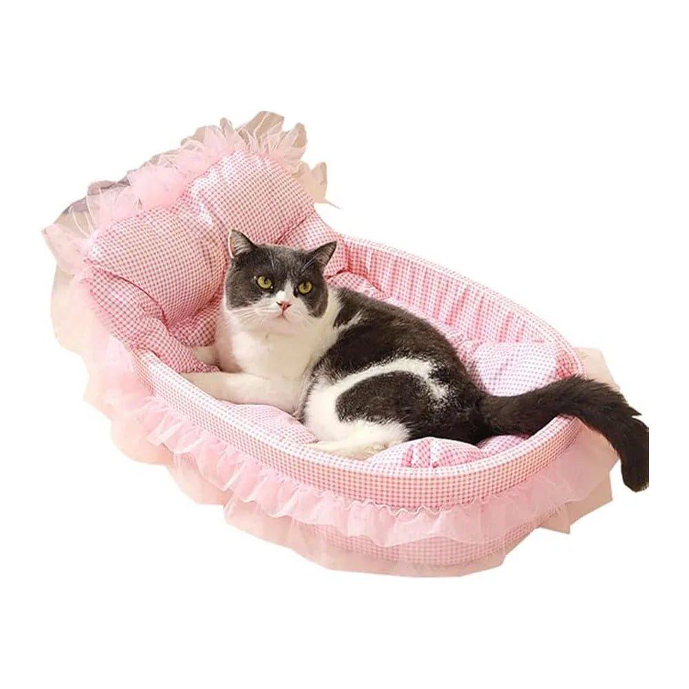 rose Couleur Panier Sofa Ovale Pour Chat En Peluche Douce Avec Dentelle